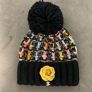 Luxury Pom Pom tweed metallic ribbed knit beanie hat